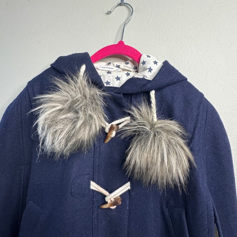 COUNTRY ROAD Wool Hooded Cape Girls 5 Navy Blue Winter Coat Faux Fur Pom Ties - Picture 4 of 12